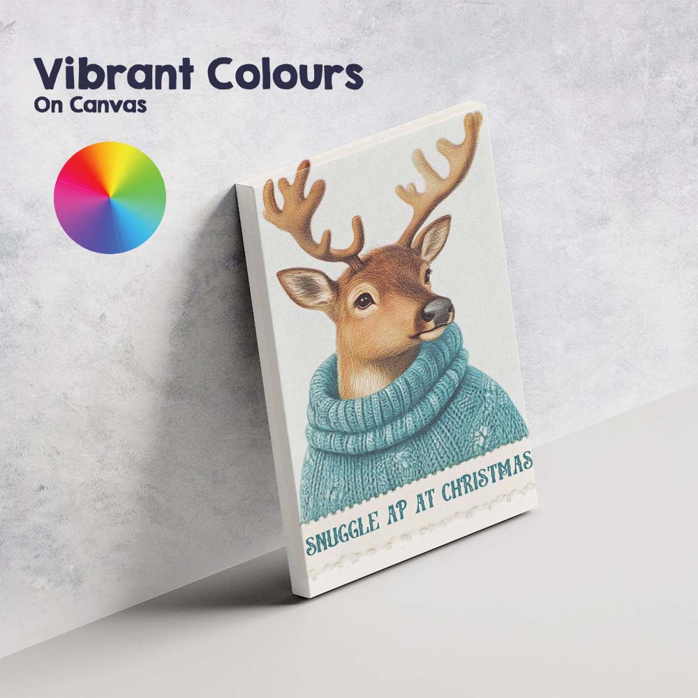 Cute Reindeer Wearing Blue Knitted Winter Jumper Christmas Animal Illustration Canvas Wall Art Print Decor Picture Ready to Hang