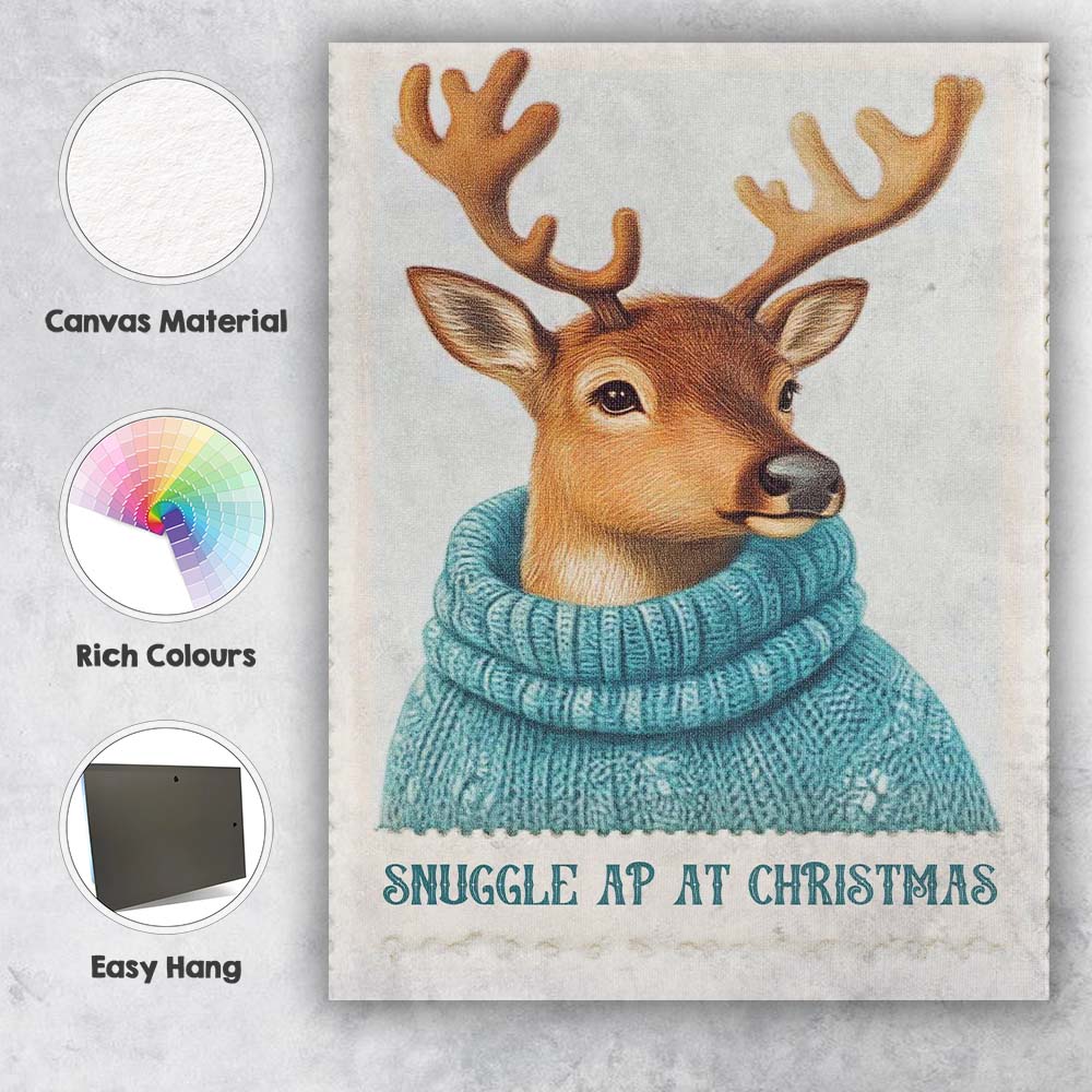 Cute Reindeer Wearing Blue Knitted Winter Jumper Christmas Animal Illustration Canvas Wall Art Print Decor Picture Ready to Hang