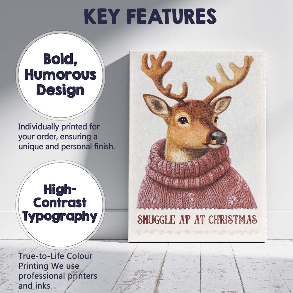 Cute Reindeer Wearing Mauve Knitted Winter Jumper Christmas Animal Illustration Canvas Wall Art Print Decor Picture Ready to Hang