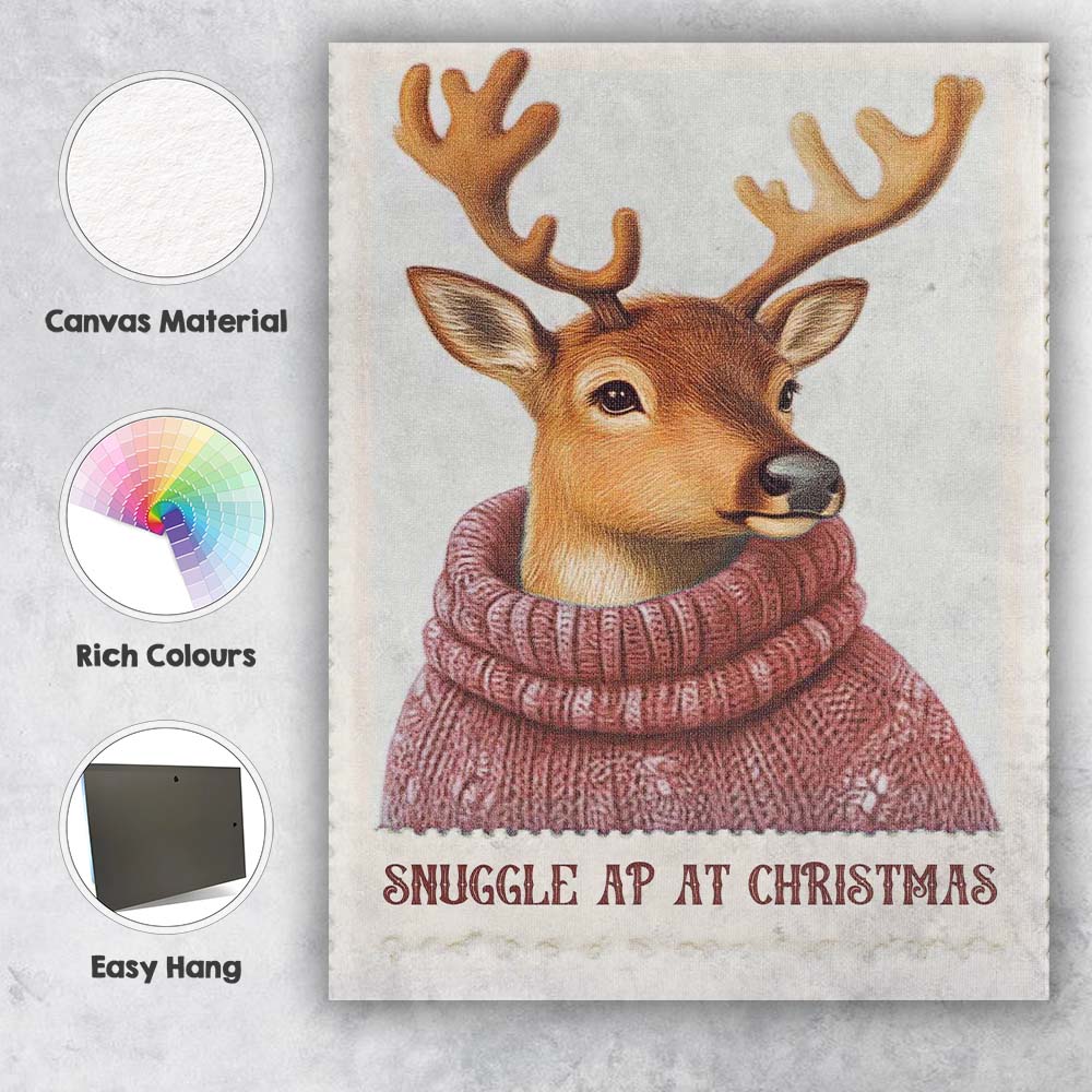 Cute Reindeer Wearing Mauve Knitted Winter Jumper Christmas Animal Illustration Canvas Wall Art Print Decor Picture Ready to Hang