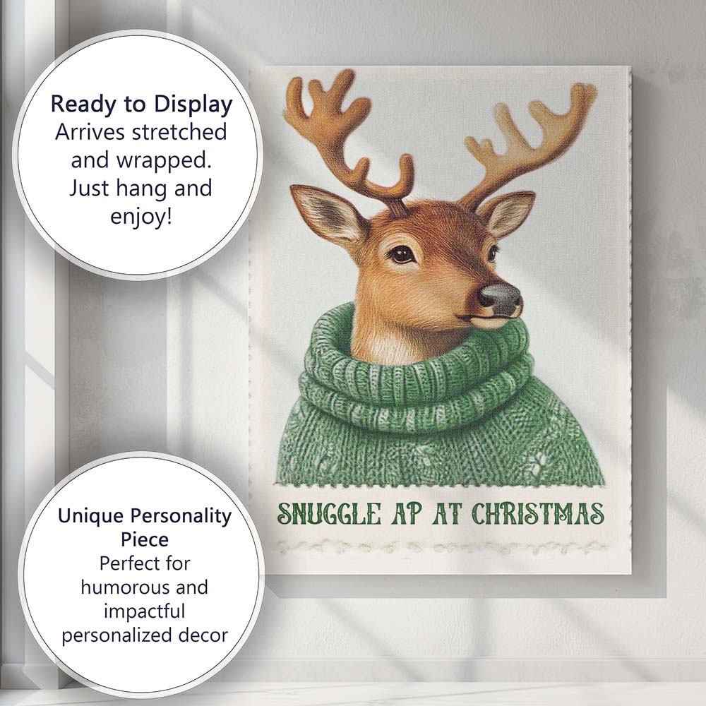 Cute Reindeer Wearing Green Knitted Winter Jumper Christmas Animal Illustration Canvas Wall Art Print Decor Picture Ready to Hang
