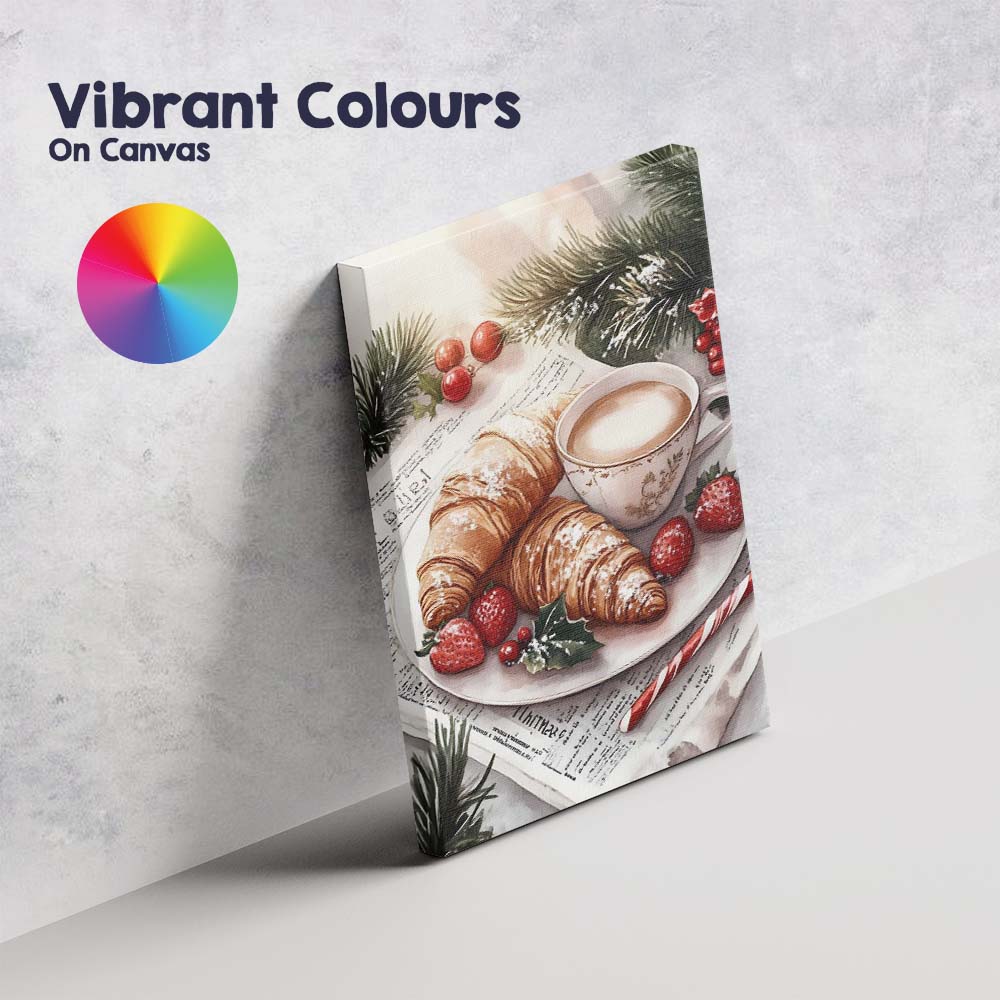 Festive Croissants Coffee Holly Berry Christmas Breakfast Watercolour Canvas Wall Art Print Decor Picture Ready to Hang