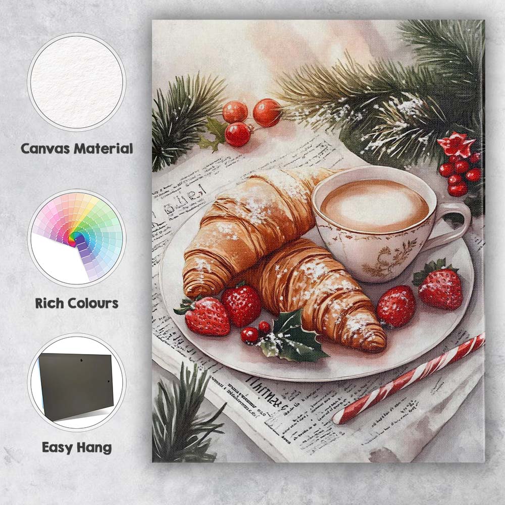 Festive Croissants Coffee Holly Berry Christmas Breakfast Watercolour Canvas Wall Art Print Decor Picture Ready to Hang