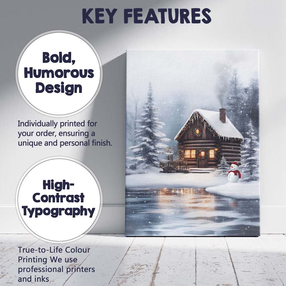 Cosy Snow Covered Log Cabin Winter Forest Snowman Landscape Canvas Wall Art Print Decor Picture Ready to Hang