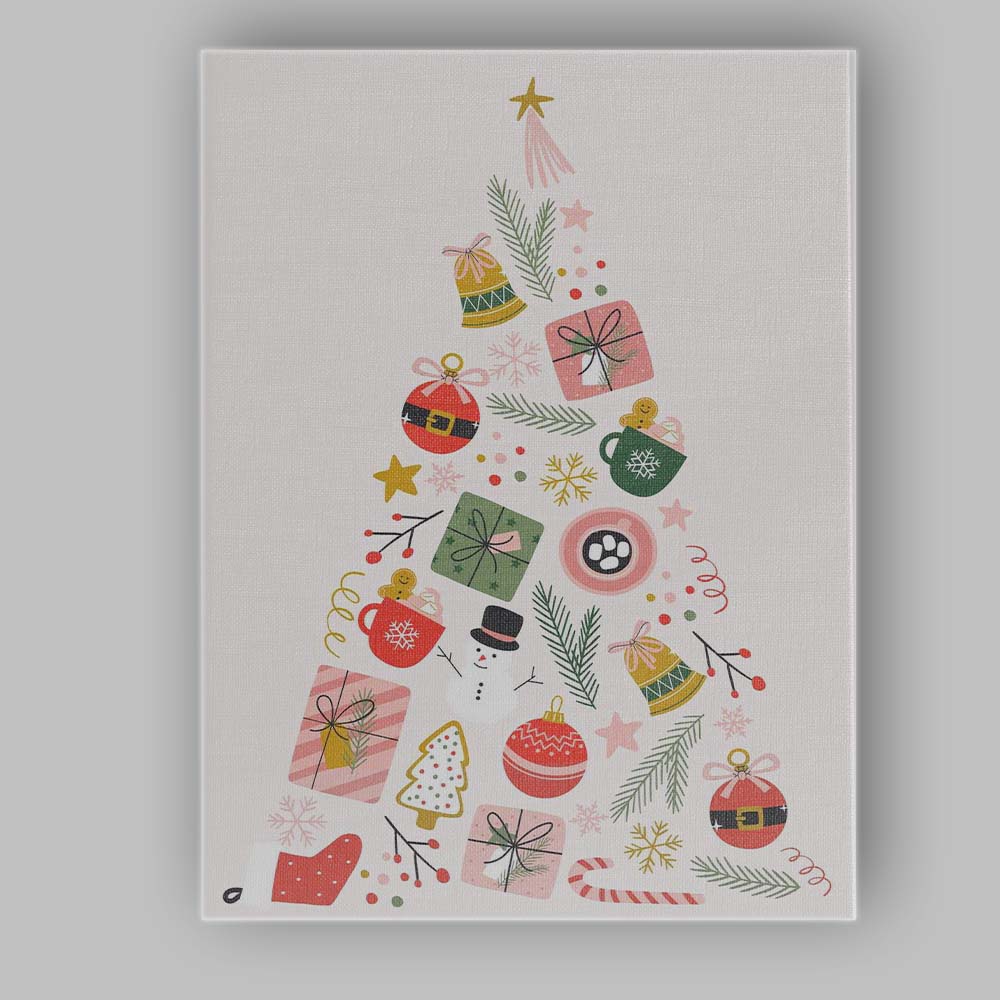 Scandinavian Christmas Tree Made of Festive Holiday Icons Minimalist Illustration Canvas Wall Art Print Decor Picture Ready to Hang