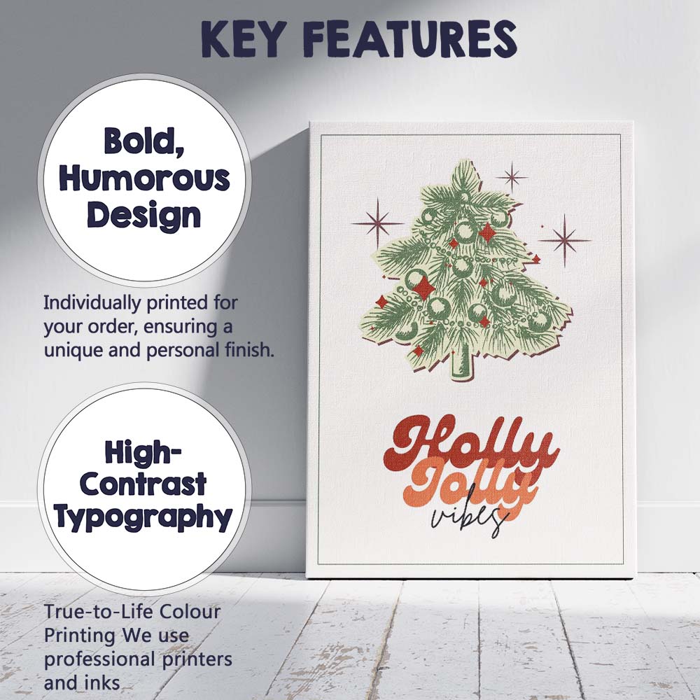 Retro Christmas Tree Holly Jolly Vibes Typography Festive Illustration Canvas Wall Art Print Decor Picture Ready to Hang