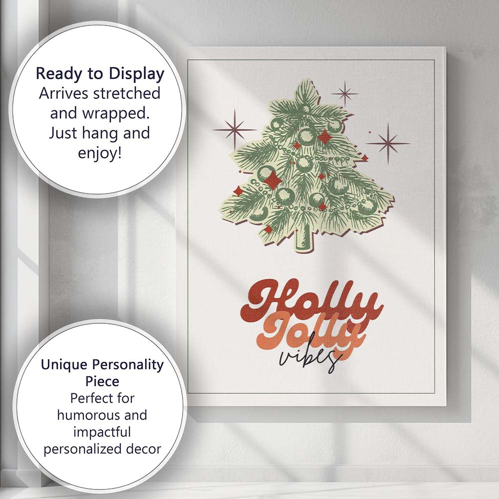 Retro Christmas Tree Holly Jolly Vibes Typography Festive Illustration Canvas Wall Art Print Decor Picture Ready to Hang
