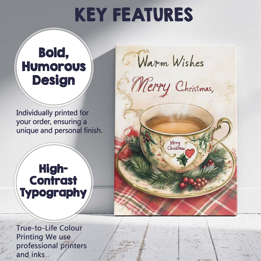 Cosy Christmas Tea Cup Warm Wishes Festive Watercolour Illustration Canvas Wall Art Print Decor Picture Ready to Hang