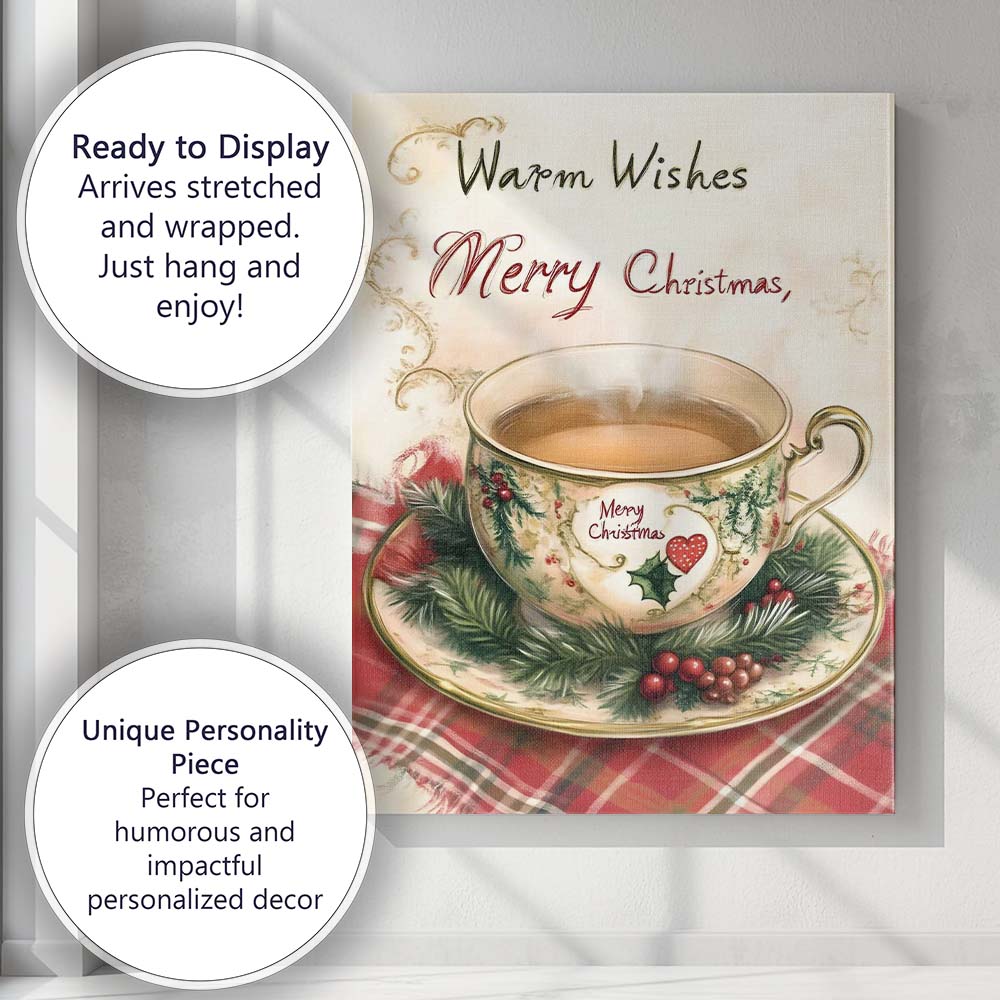 Cosy Christmas Tea Cup Warm Wishes Festive Watercolour Illustration Canvas Wall Art Print Decor Picture Ready to Hang