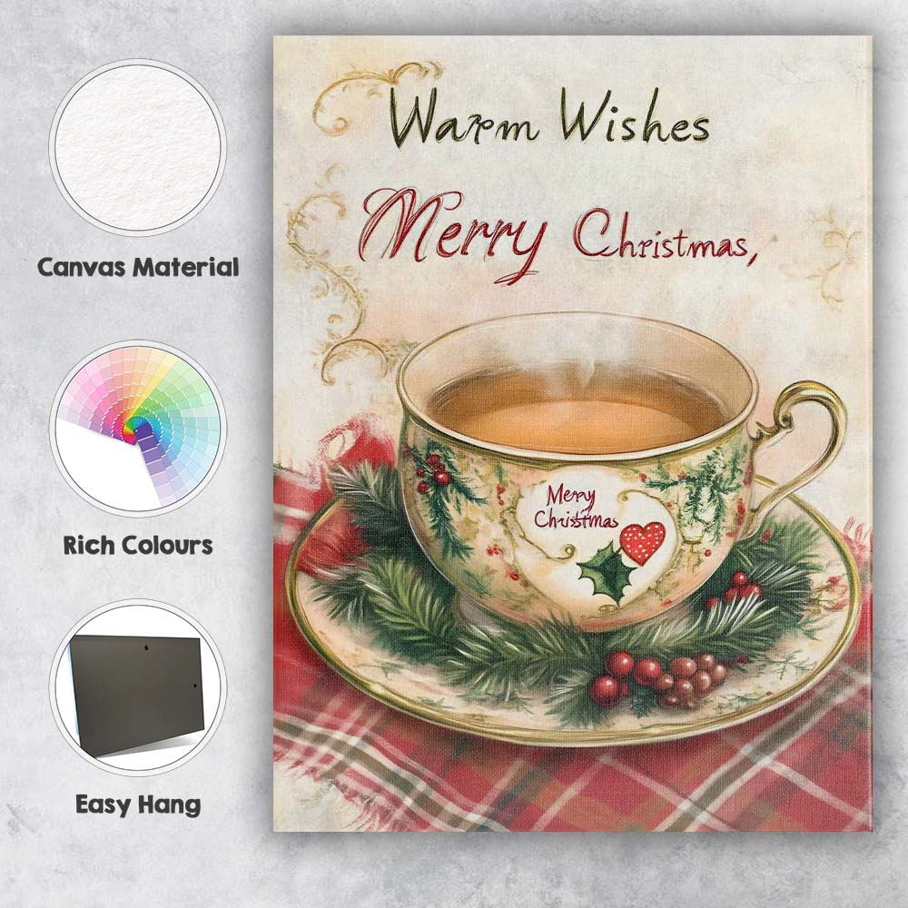 Cosy Christmas Tea Cup Warm Wishes Festive Watercolour Illustration Canvas Wall Art Print Decor Picture Ready to Hang