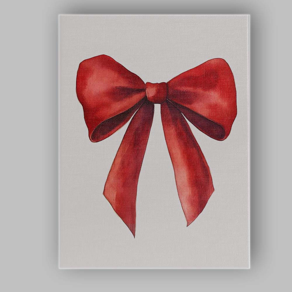 Elegant Red Watercolour Christmas Ribbon Bow Minimalist Holiday Illustration Canvas Wall Art Print Decor Picture Ready to Hang