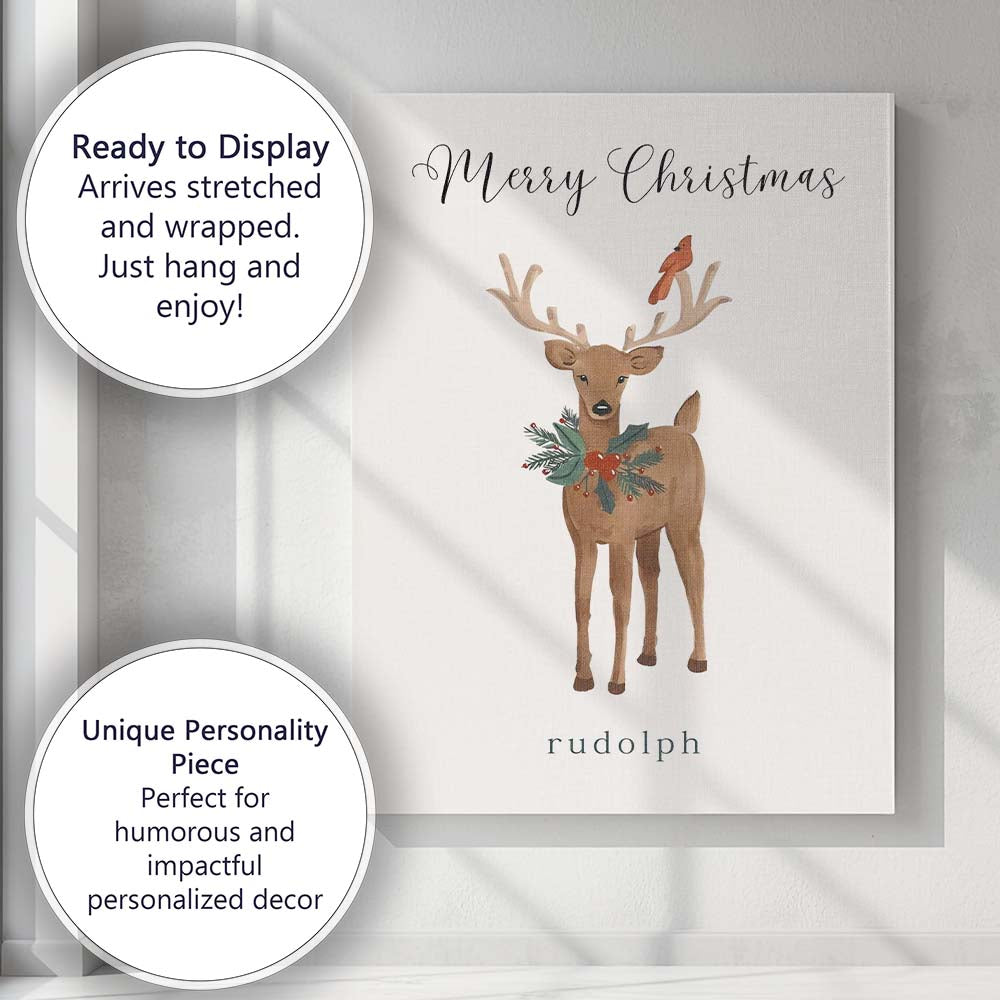 Watercolour Christmas Reindeer Holly Berry Cardinal Bird Festive Illustration Canvas Wall Art Print Decor Picture Ready to Hang