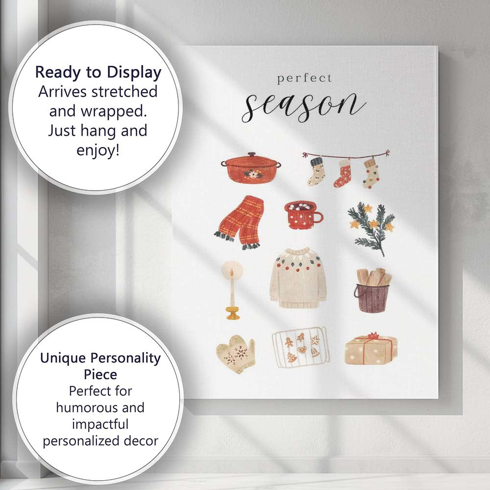 Cosy Christmas Essentials Watercolour Holiday Collection Minimalist Illustration Canvas Wall Art Print Decor Picture Ready to Hang