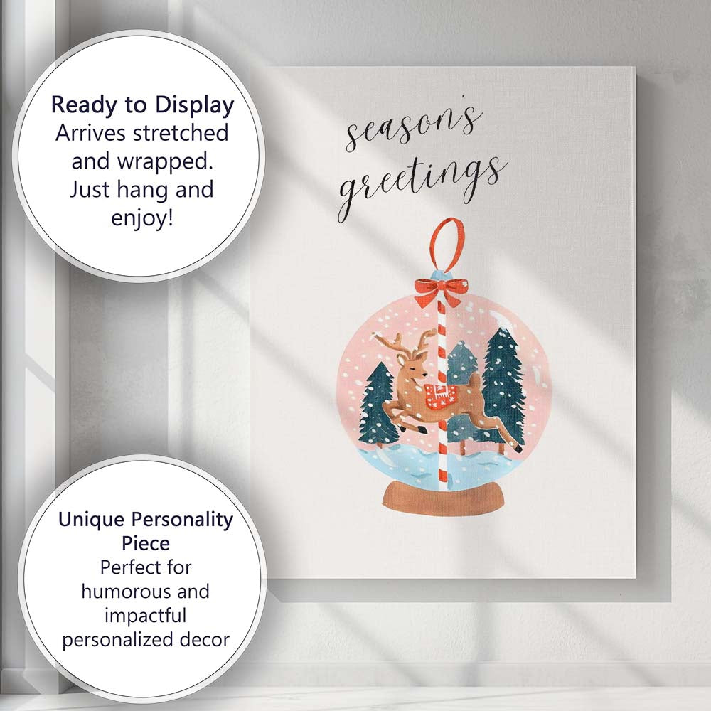 Watercolour Christmas Reindeer Snow Globe Seasons Greetings Festive Illustration Canvas Wall Art Print Decor Picture Ready to Hang
