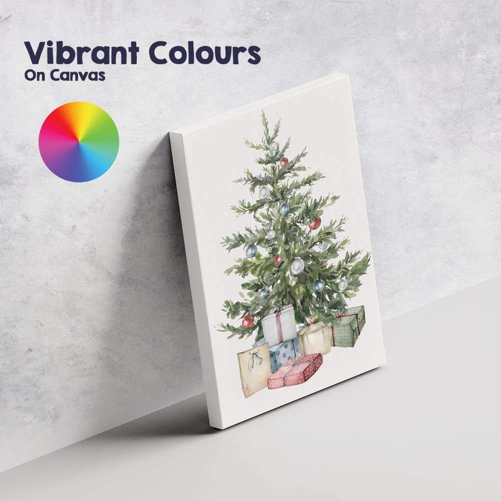 Watercolour Christmas Tree with Wrapped Presents Festive Holiday Illustration Canvas Wall Art Print Decor Picture Ready to Hang