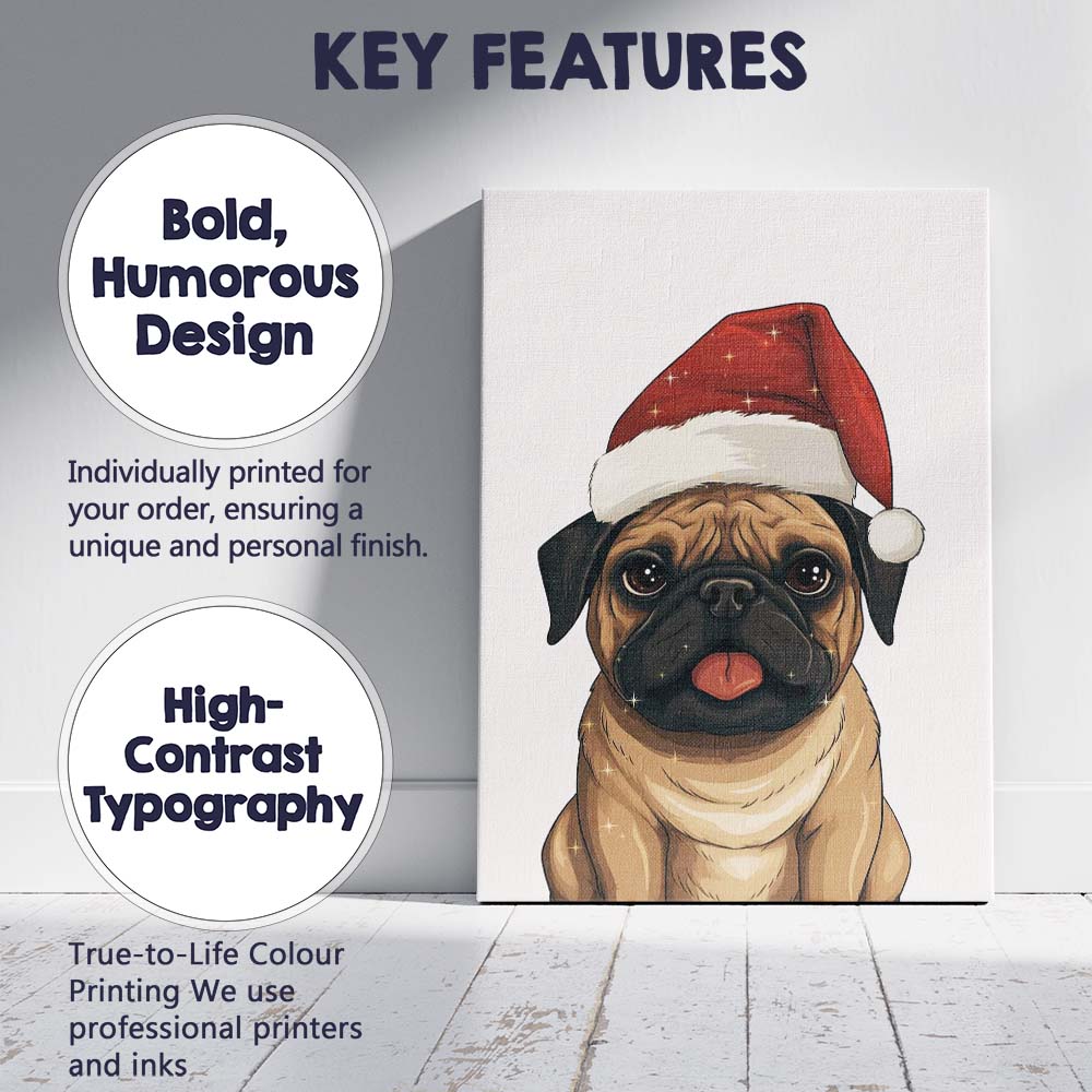 Cute Fawn Pug Wearing Santa Hat Christmas Pet Portrait Canvas Wall Art Print Decor Picture Ready to Hang