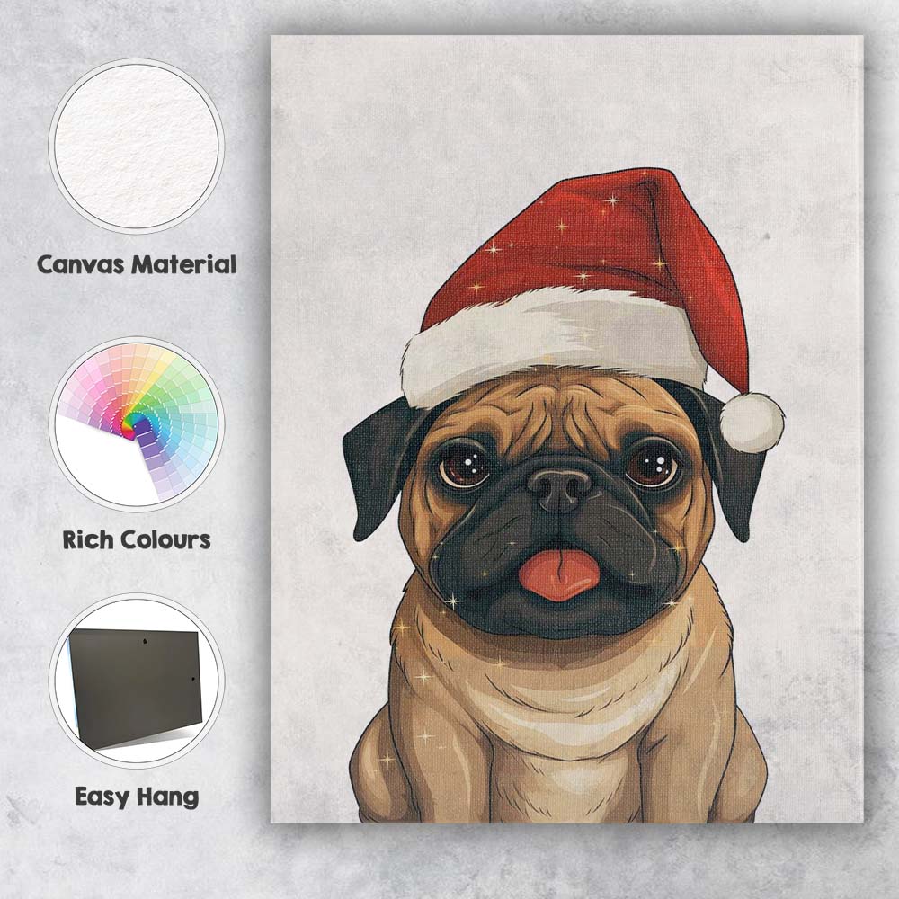 Cute Fawn Pug Wearing Santa Hat Christmas Pet Portrait Canvas Wall Art Print Decor Picture Ready to Hang