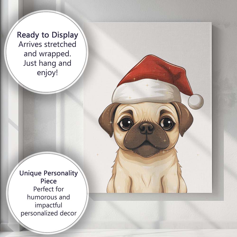 Cute Cream Pug Wearing Santa Hat Christmas Puppy Portrait Canvas Wall Art Print Decor Picture Ready to Hang