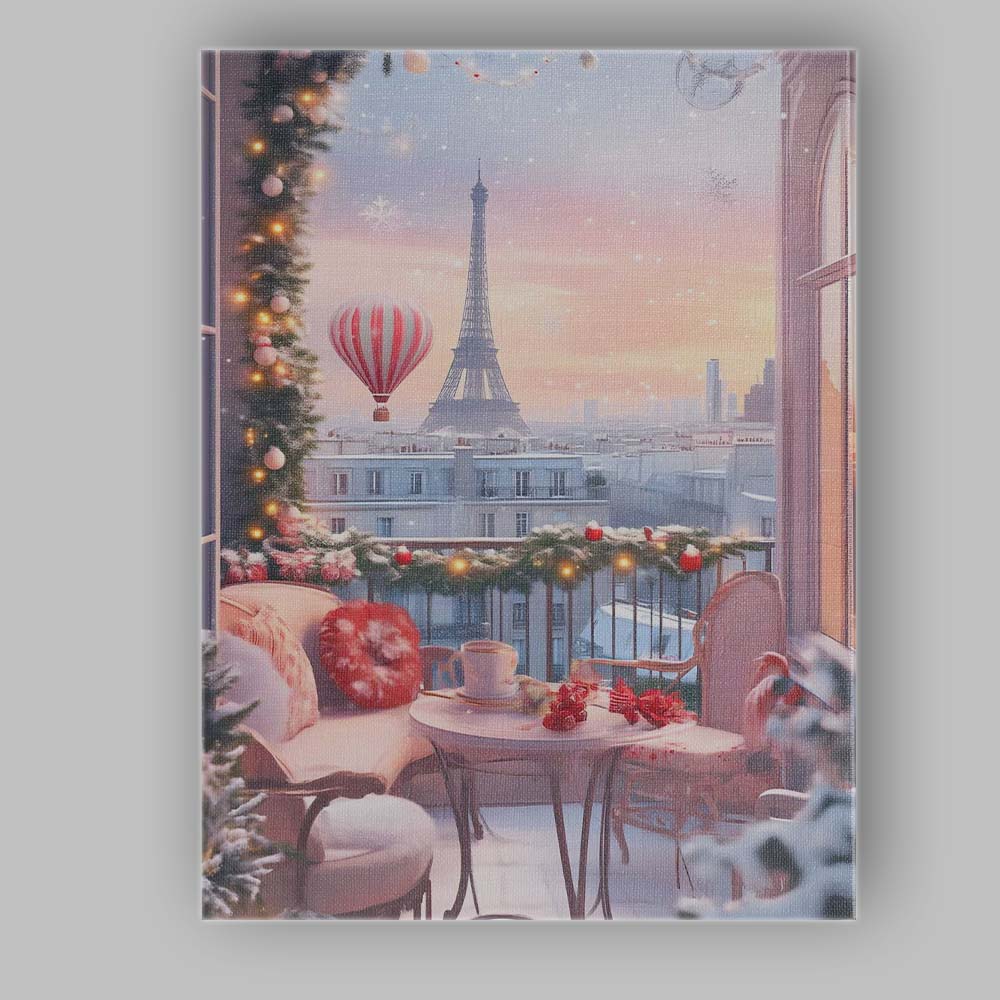 Cosy Paris Christmas Balcony Eiffel Tower Winter Cityscape Canvas Wall Art Print Decor Picture Ready to Hang