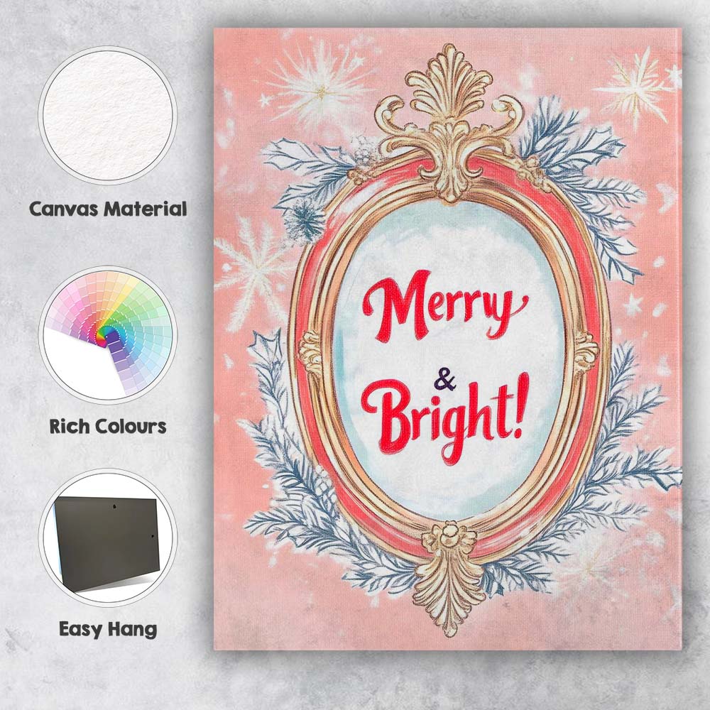 Merry and Bright Festive Christmas Typography Ornate Mirror Illustration Canvas Wall Art Print Decor Picture Ready to Hang