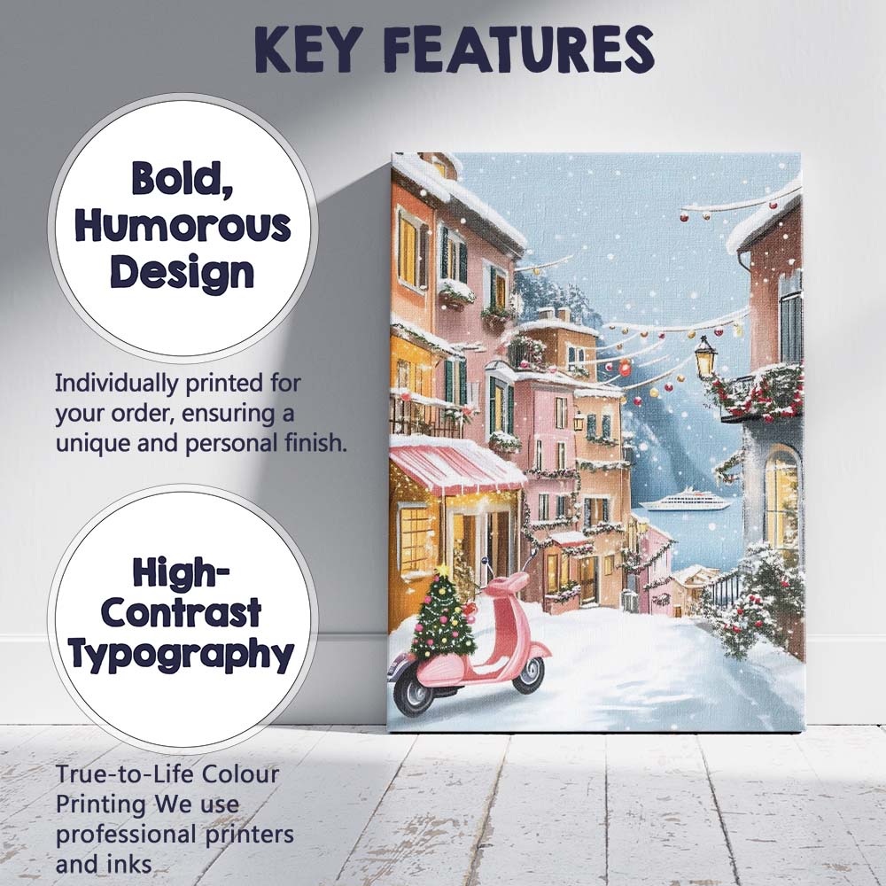 Snowy European Christmas Village Pink Vespa Winter Street Scene Canvas Wall Art Print Decor Picture Ready to Hang