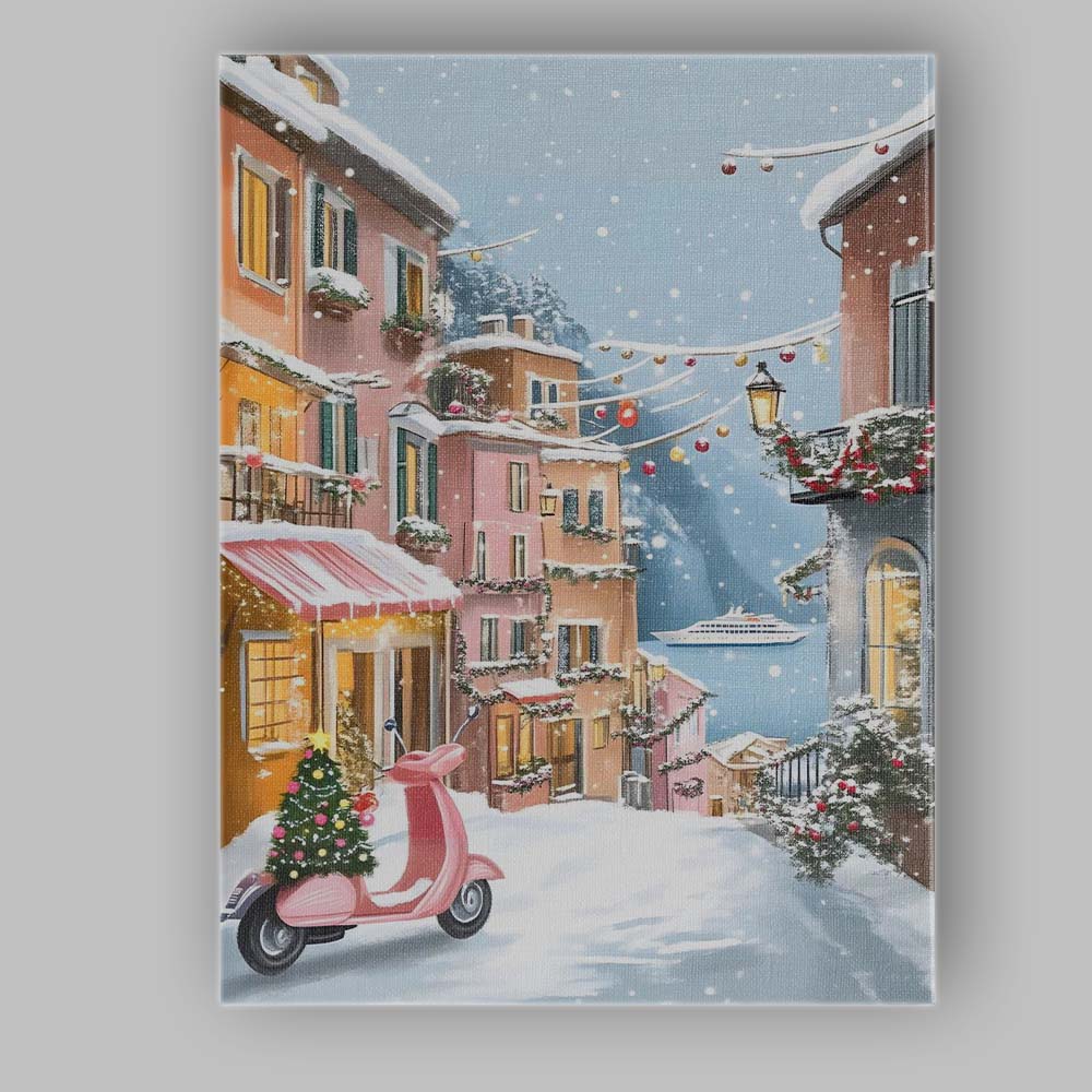 Snowy European Christmas Village Pink Vespa Winter Street Scene Canvas Wall Art Print Decor Picture Ready to Hang