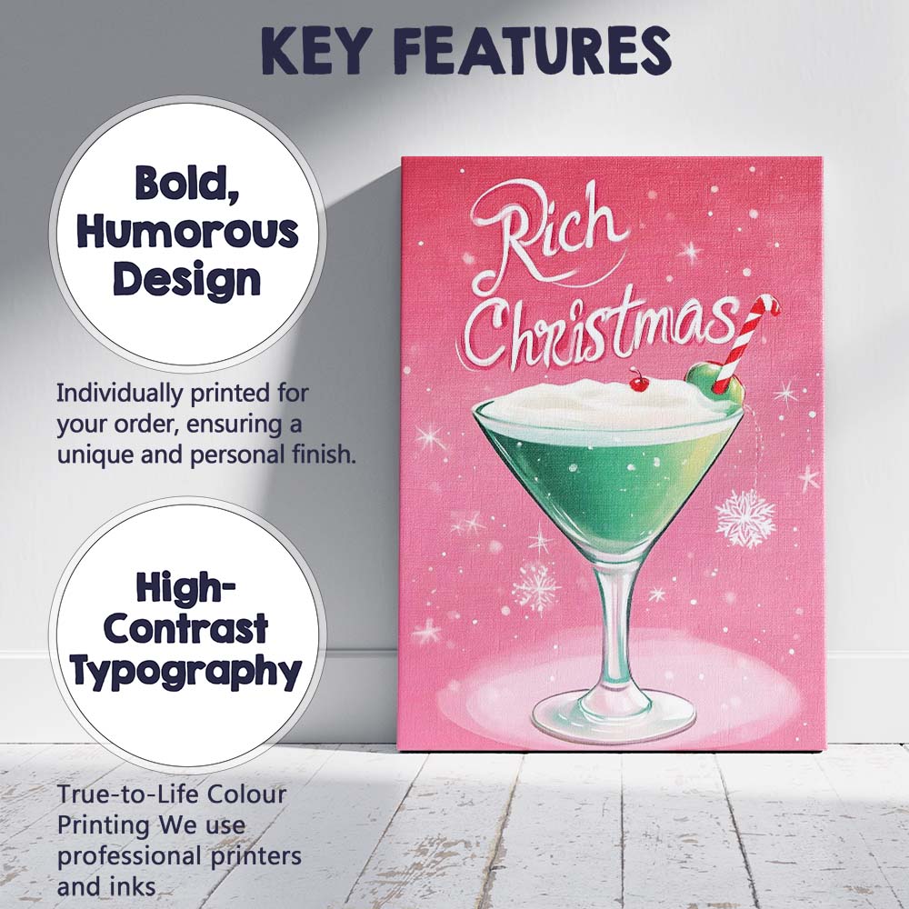 Rich Christmas Festive Green Holiday Cocktail Illustration Canvas Wall Art Print Decor Picture Ready to Hang