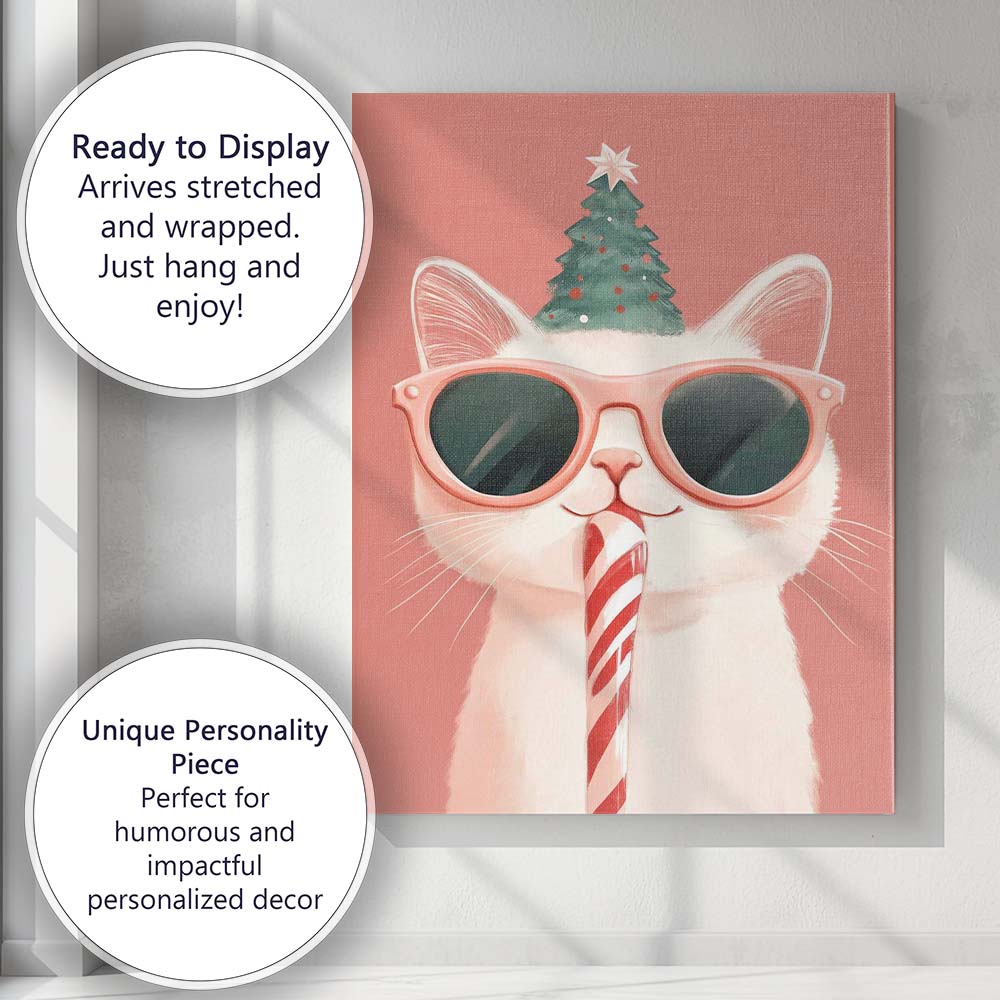 Cute Christmas Cat Wearing Sunglasses with Candy Cane Canvas Wall Art Print Decor Picture Ready to Hang