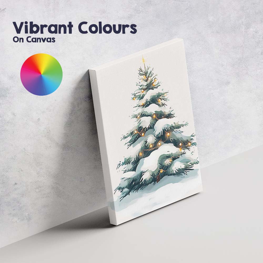 Snow Covered Christmas Tree with Warm Fairy Lights Watercolour Illustration Canvas Wall Art Print Decor Picture Ready to Hang