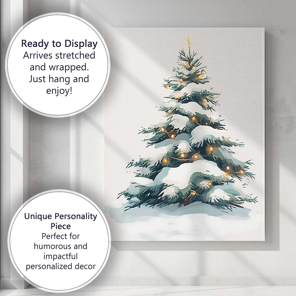 Snow Covered Christmas Tree with Warm Fairy Lights Watercolour Illustration Canvas Wall Art Print Decor Picture Ready to Hang