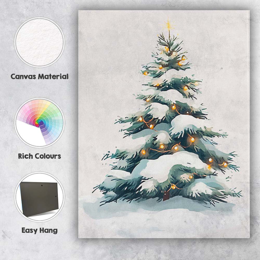 Snow Covered Christmas Tree with Warm Fairy Lights Watercolour Illustration Canvas Wall Art Print Decor Picture Ready to Hang