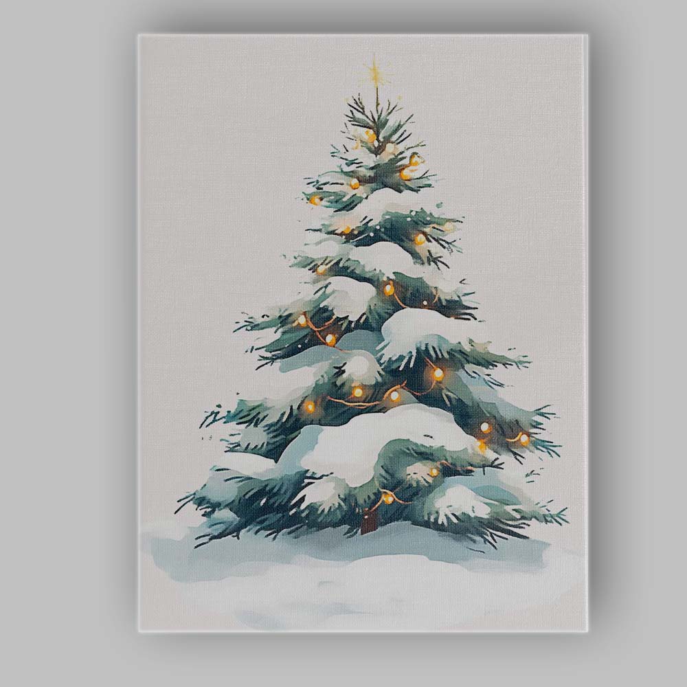 Snow Covered Christmas Tree with Warm Fairy Lights Watercolour Illustration Canvas Wall Art Print Decor Picture Ready to Hang