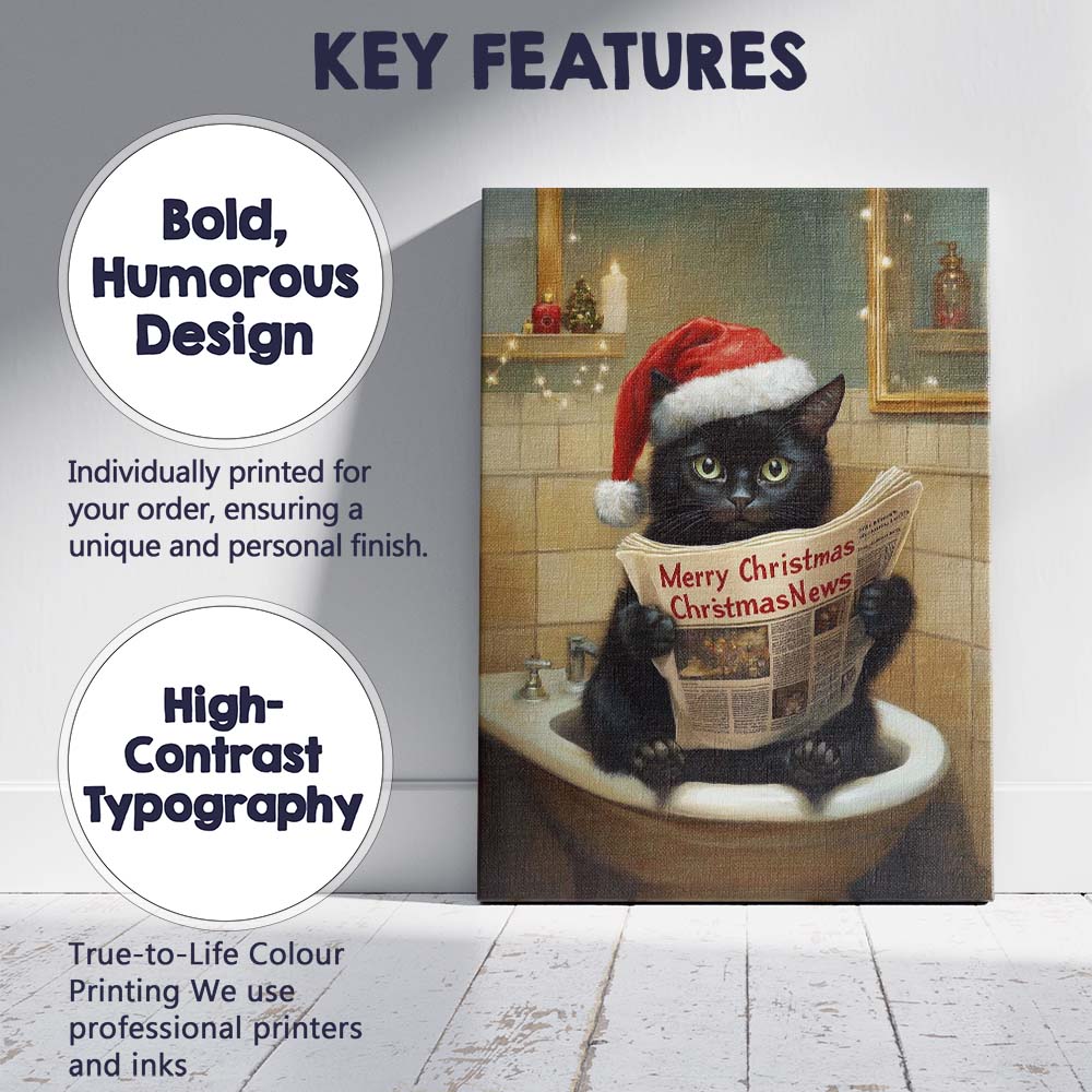 Cute Black Christmas Cat Reading Newspaper Humorous Holiday Illustration Canvas Wall Art Print Decor Picture Ready to Hang