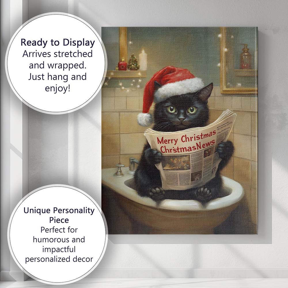 Cute Black Christmas Cat Reading Newspaper Humorous Holiday Illustration Canvas Wall Art Print Decor Picture Ready to Hang