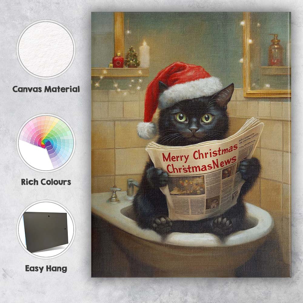 Cute Black Christmas Cat Reading Newspaper Humorous Holiday Illustration Canvas Wall Art Print Decor Picture Ready to Hang
