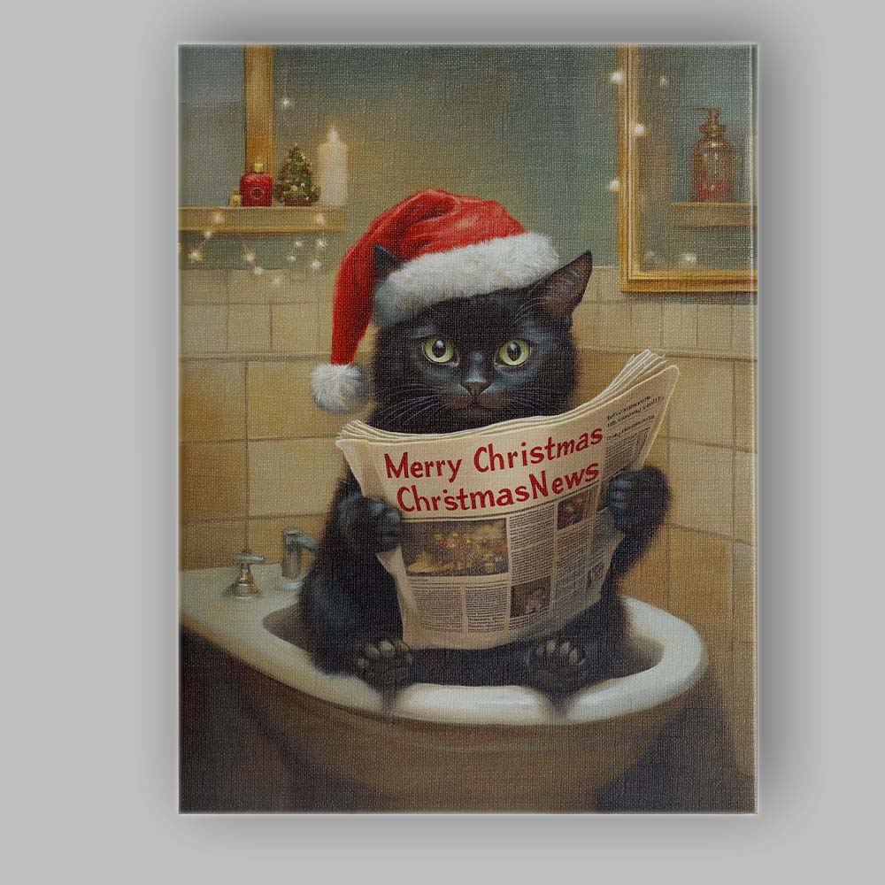 Cute Black Christmas Cat Reading Newspaper Humorous Holiday Illustration Canvas Wall Art Print Decor Picture Ready to Hang