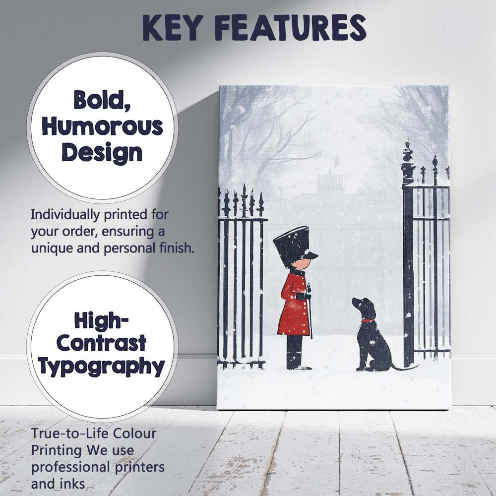 Minimalist Winter Guard and Black Labrador Snowy Christmas Scene Canvas Wall Art Print Decor Picture Ready to Hang