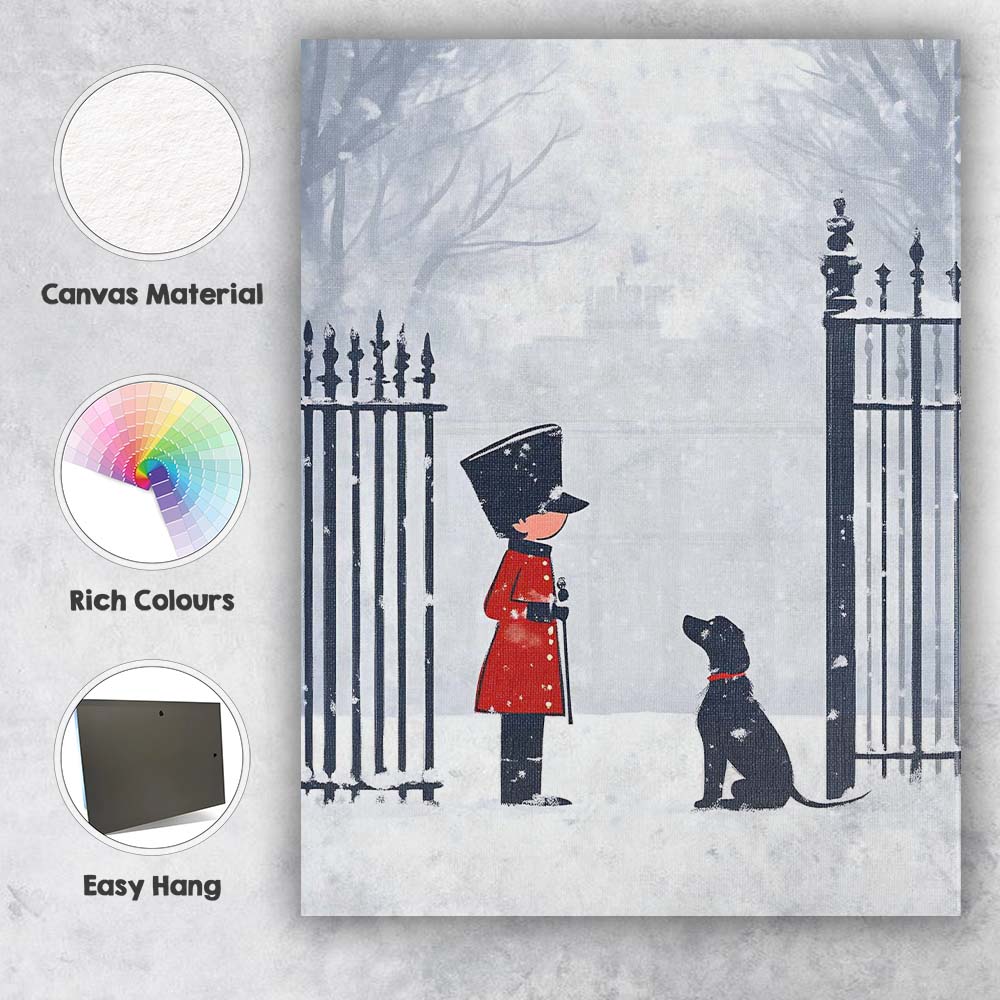 Minimalist Winter Guard and Black Labrador Snowy Christmas Scene Canvas Wall Art Print Decor Picture Ready to Hang