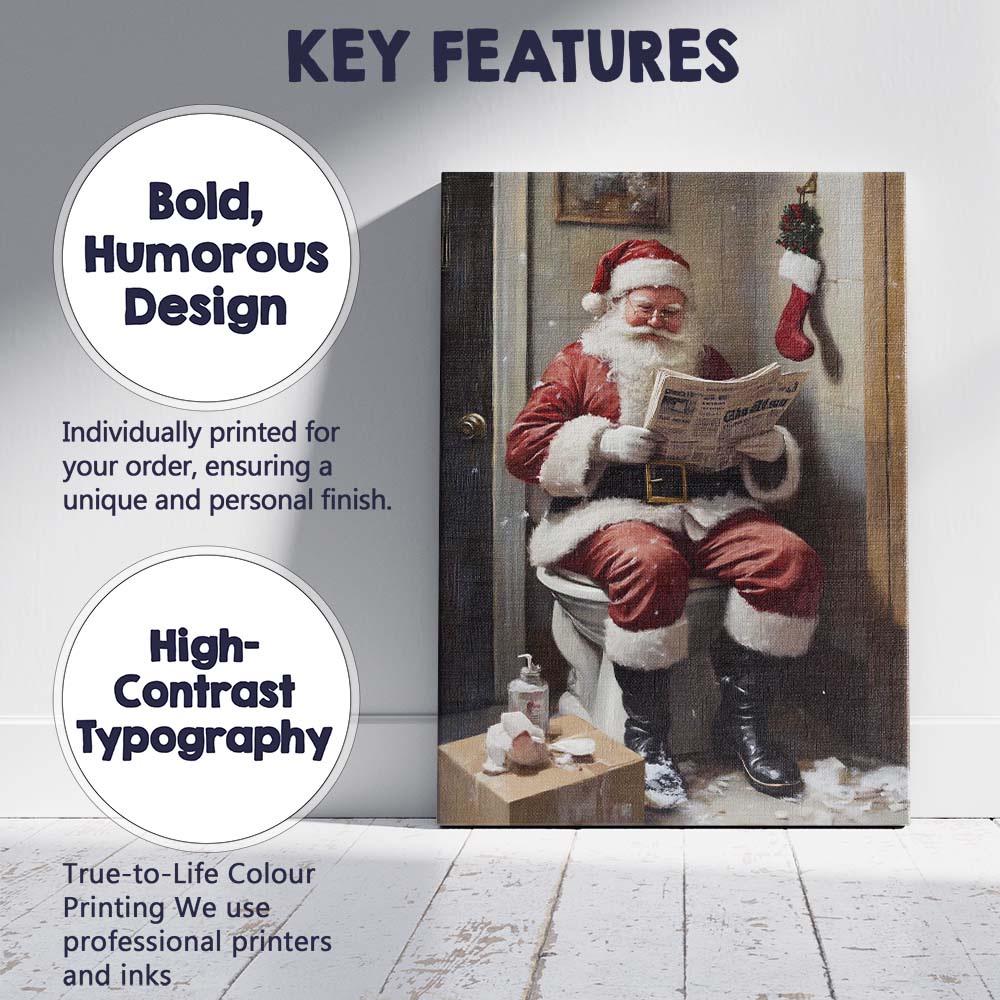 Funny Santa Claus Reading Newspaper on Toilet Christmas Humour Canvas Wall Art Print Decor Picture Ready to Hang