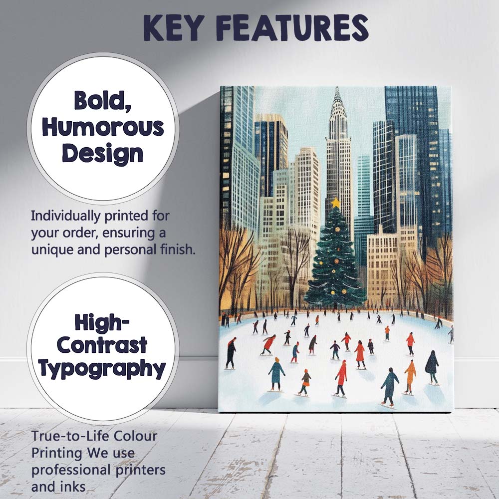 Christmas Ice Skating Rink City Skyline Winter Holiday Illustration Canvas Wall Art Print Decor Picture Ready to Hang