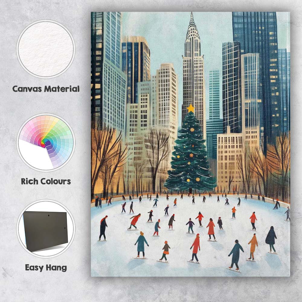 Christmas Ice Skating Rink City Skyline Winter Holiday Illustration Canvas Wall Art Print Decor Picture Ready to Hang