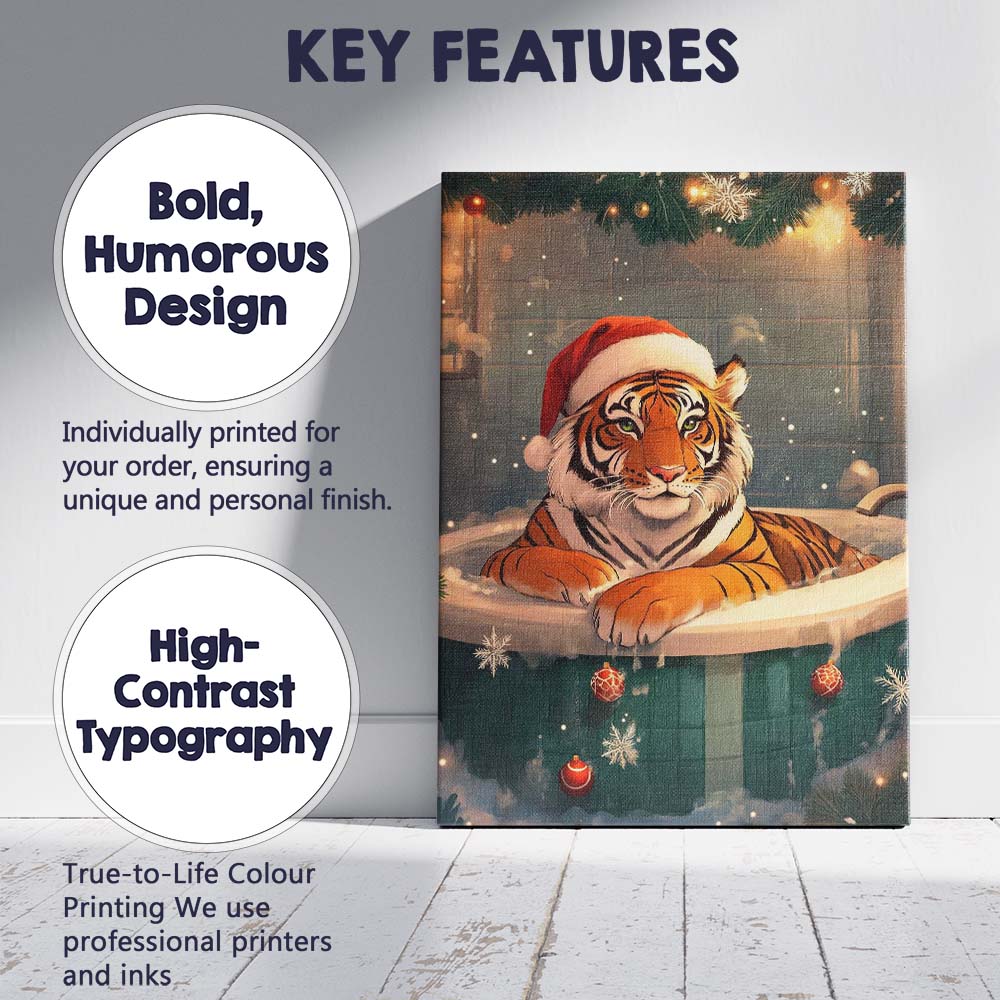 Cute Christmas Tiger Wearing Santa Hat Relaxing In Festive Bubble Bath Canvas Wall Art Print Decor Picture Ready to Hang