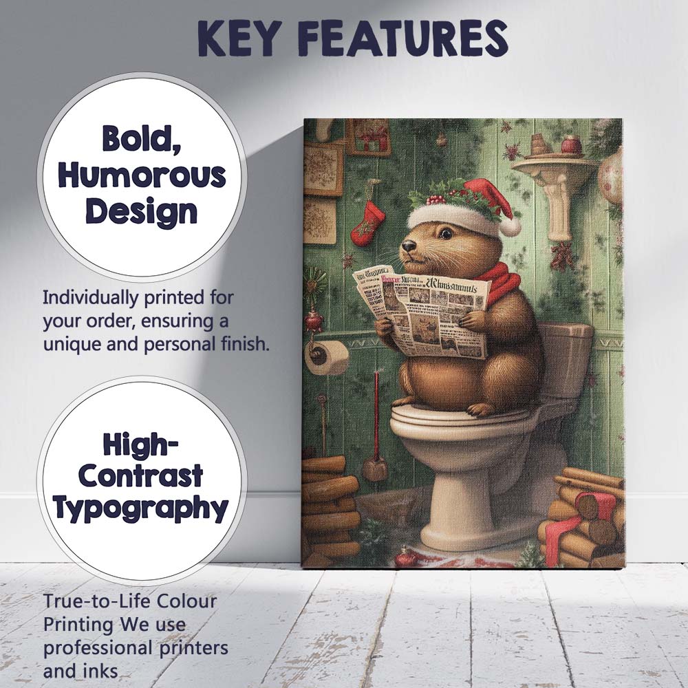 Funny Christmas Beaver Reading Newspaper On Toilet Festive Animal Illustration Canvas Wall Art Print Decor Picture Ready to Hang