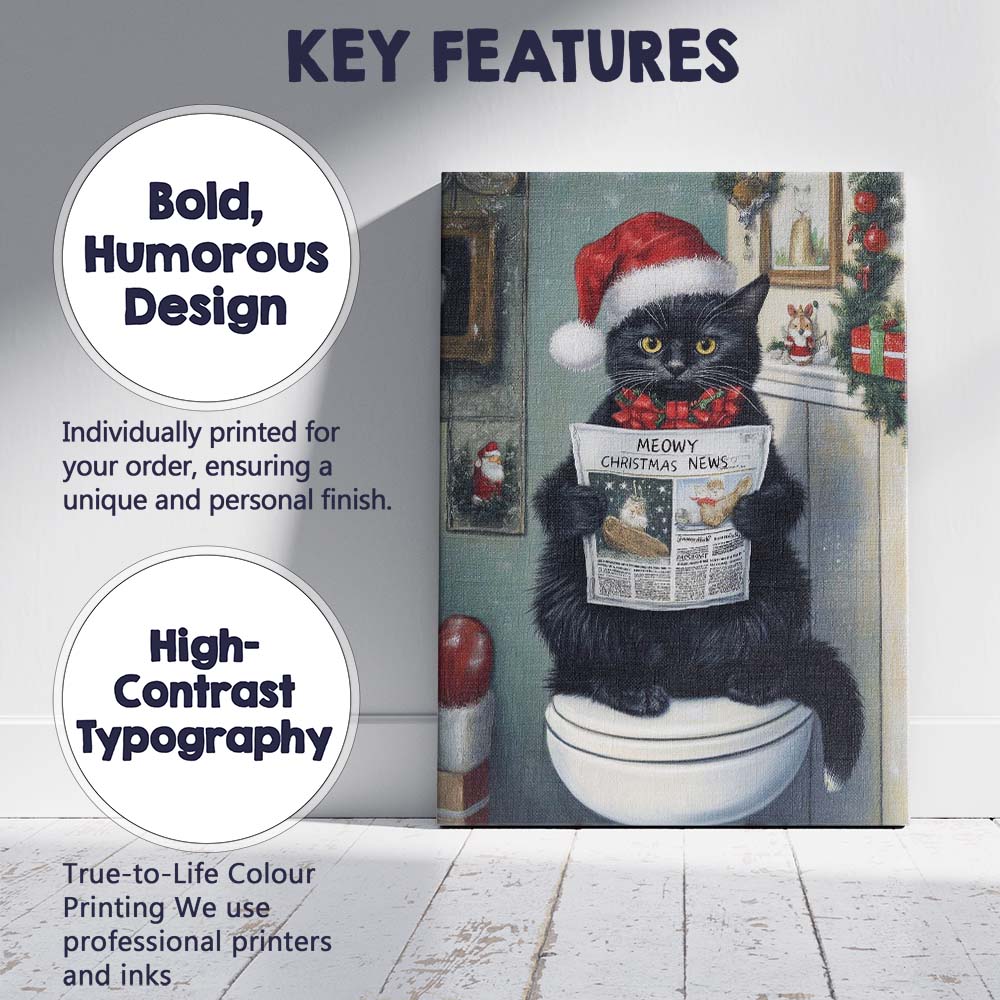 Black Cat Reading Meowy Christmas News Santa Hat Festive Animal Canvas Wall Art Print Decor Picture Ready to Hang