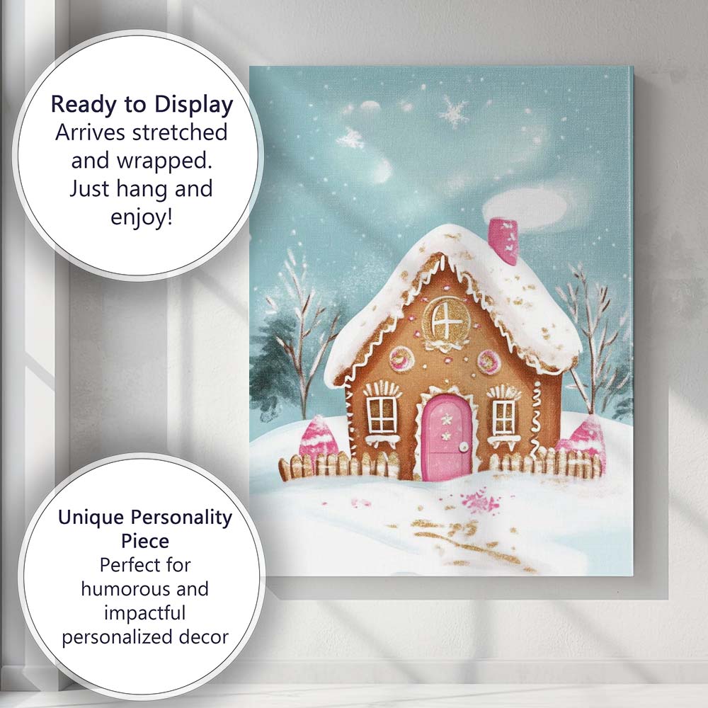 Pink Gingerbread House Winter Snow Watercolour Christmas Illustration Canvas Wall Art Print Decor Picture Ready to Hang