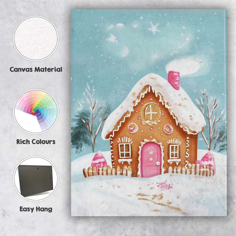 Pink Gingerbread House Winter Snow Watercolour Christmas Illustration Canvas Wall Art Print Decor Picture Ready to Hang