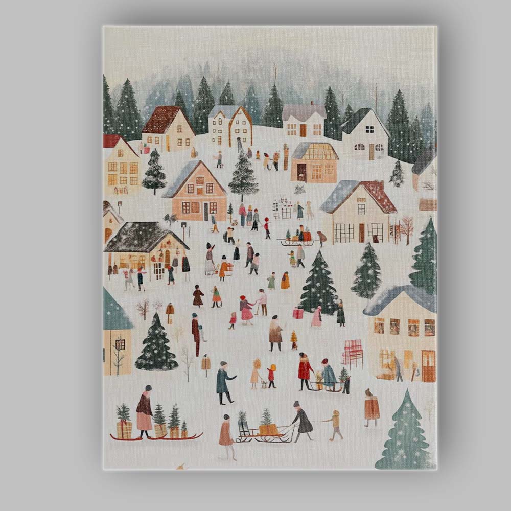 Cosy Snow Covered Christmas Village Winter Folk Art Illustration Canvas Wall Art Print Decor Picture Ready to Hang