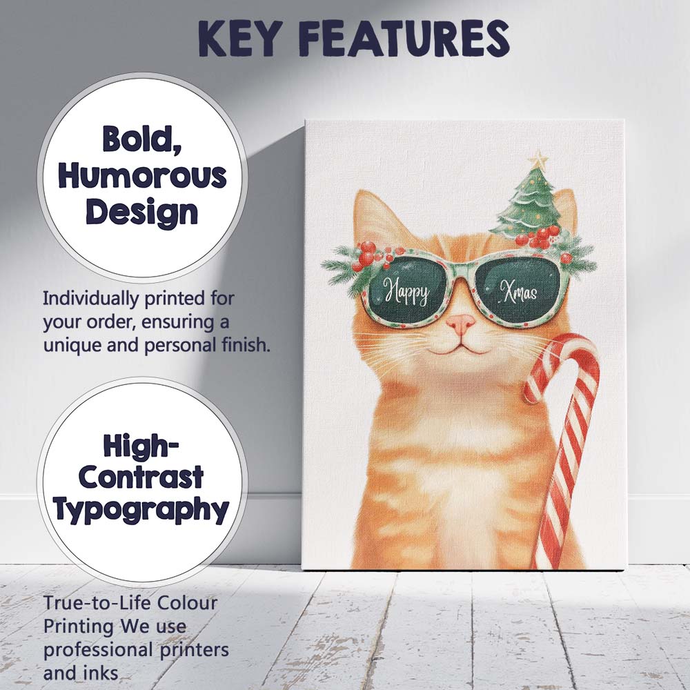 Cute Ginger Cat Wearing Festive Christmas Sunglasses Candy Cane Illustration Canvas Wall Art Print Decor Picture Ready to Hang