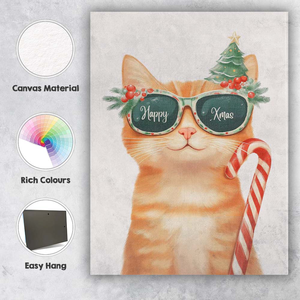 Cute Ginger Cat Wearing Festive Christmas Sunglasses Candy Cane Illustration Canvas Wall Art Print Decor Picture Ready to Hang