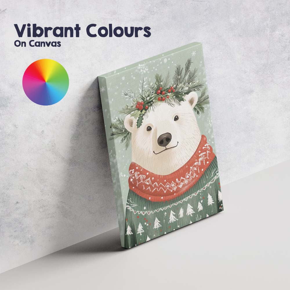 Cute Polar Bear Wearing Festive Christmas Jumper Woodland Winter Illustration Canvas Wall Art Print Decor Picture Ready to Hang